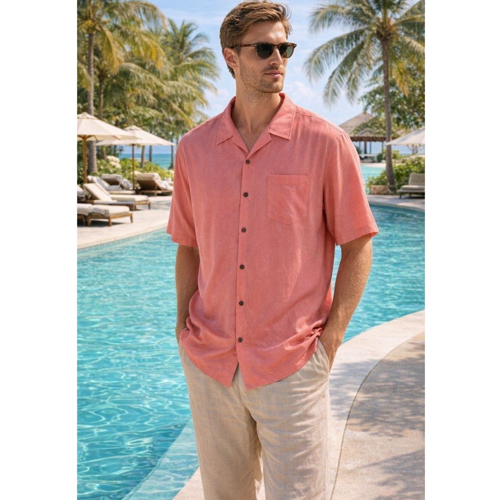 Tommy Bahama 100% Silk Camp Shirt Men XL Coral Diamond Jacquard Button Down EUC